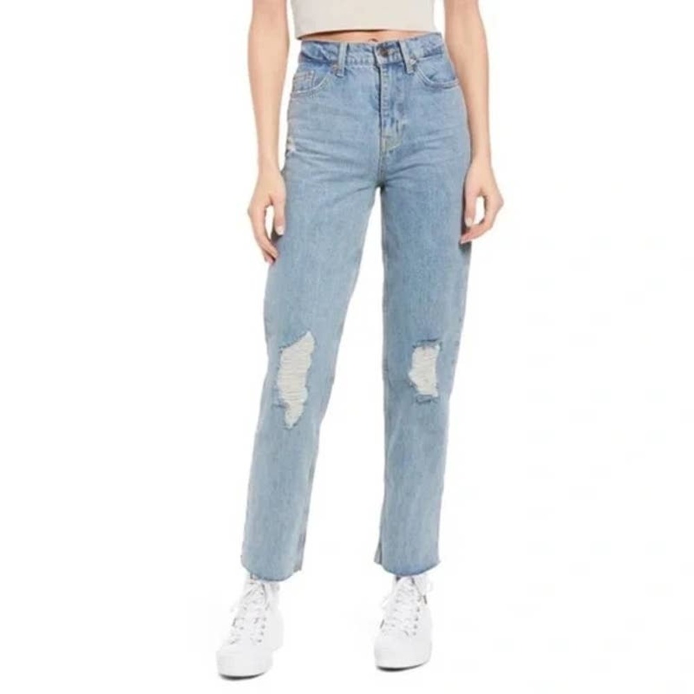 Urban Outfitters BDG Pax Blue Denim High Rise Destroyed Distressed Raw Hem Jeans